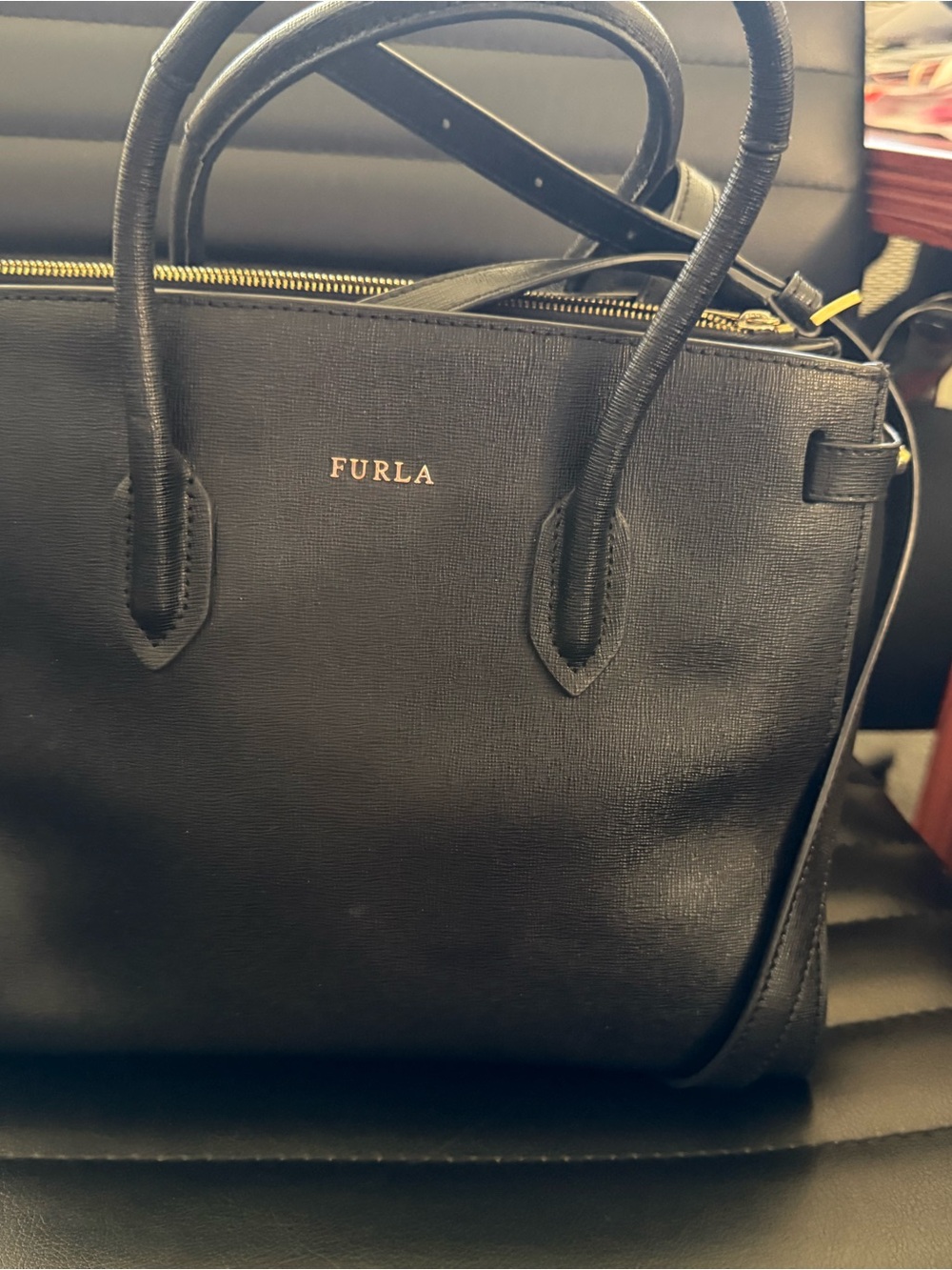 Furla Black Saffiano Satchel with Gold Logo